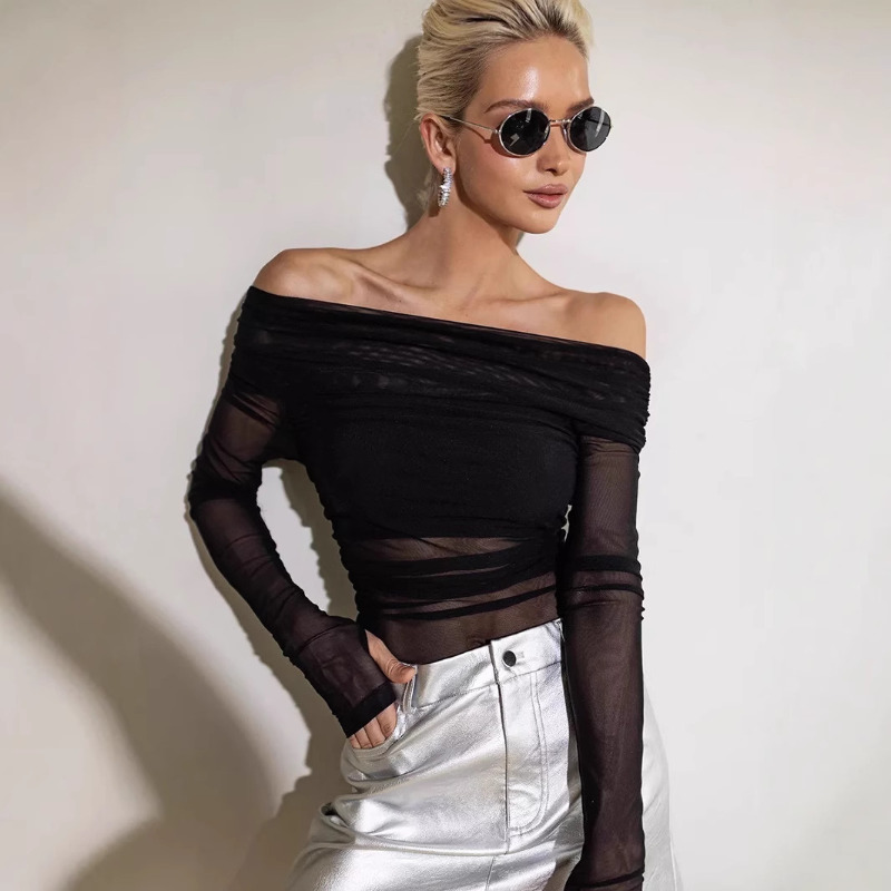 Women'S Fashion - Women Mesh Off Shoulder Top Sheer