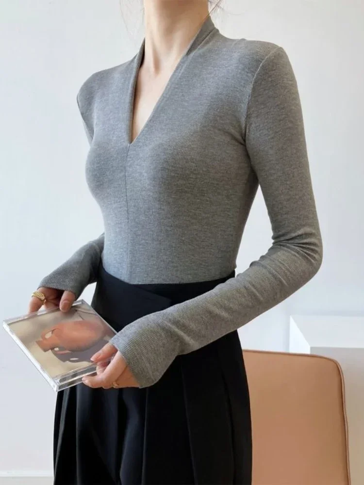 Women'S Fashion - V-neck Slim Shirts Long Sleeve Top