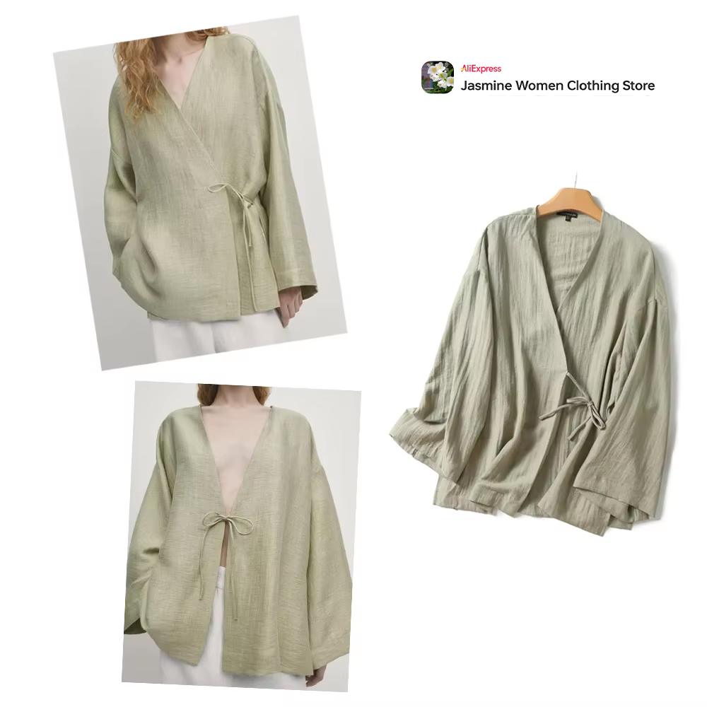 Women'S Fashion Kimono - Comfy Olive Blouse with Ties Long