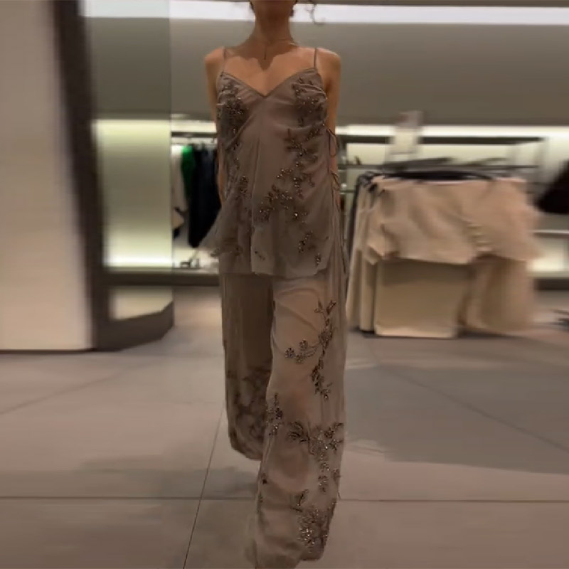 Wide Leg Palazzo Pants - 2026 New Women Grey Two-piece Beaded