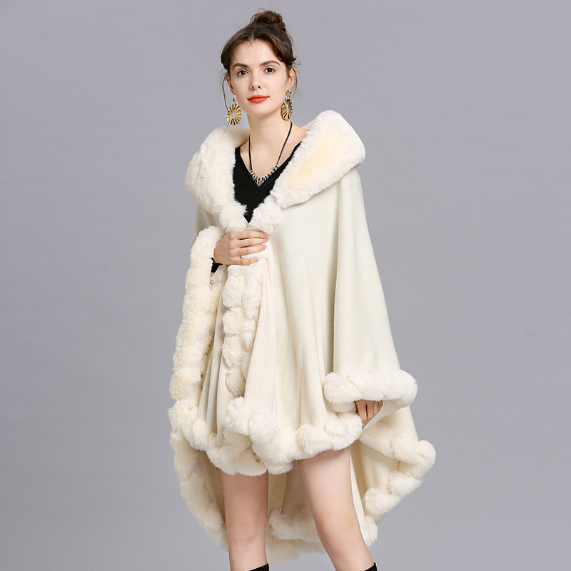 Women'S Fashion Poncho - Oversize Winter Big Faux Rabbit Fur