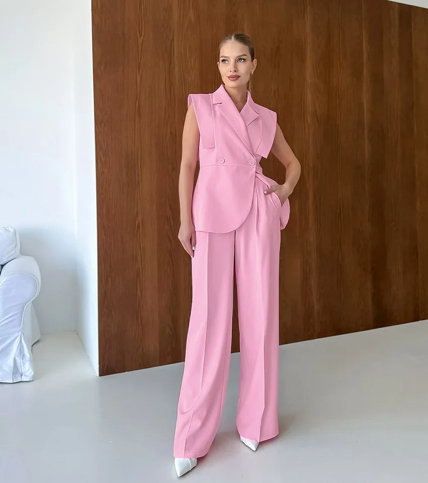 Women'S Fashion - Pink Waistcoat Pants Suit Women Lapel
