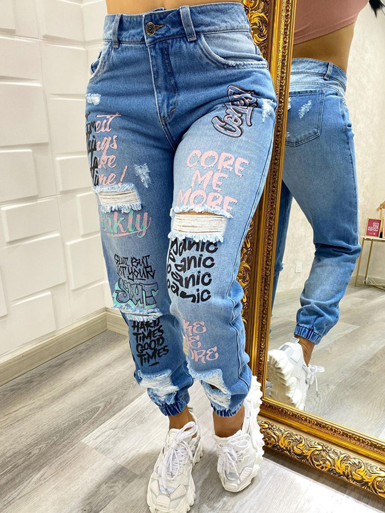 Mom Jeans Women - 2024 New Letter Print Slant Pocket