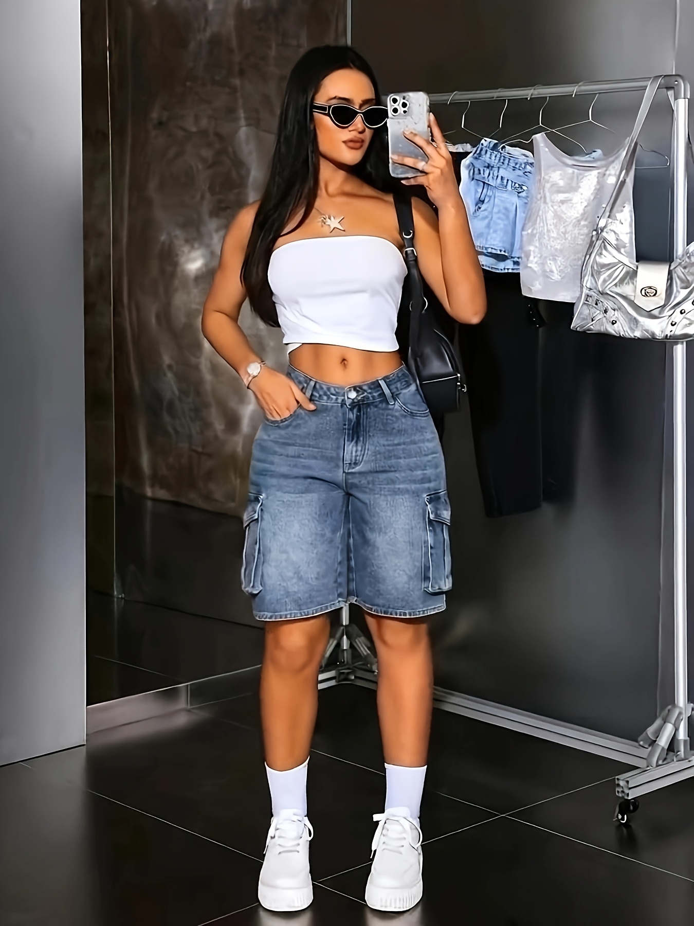 Mom Jeans Women - Women's Multi-Pocket Bermuda Blue Overalls