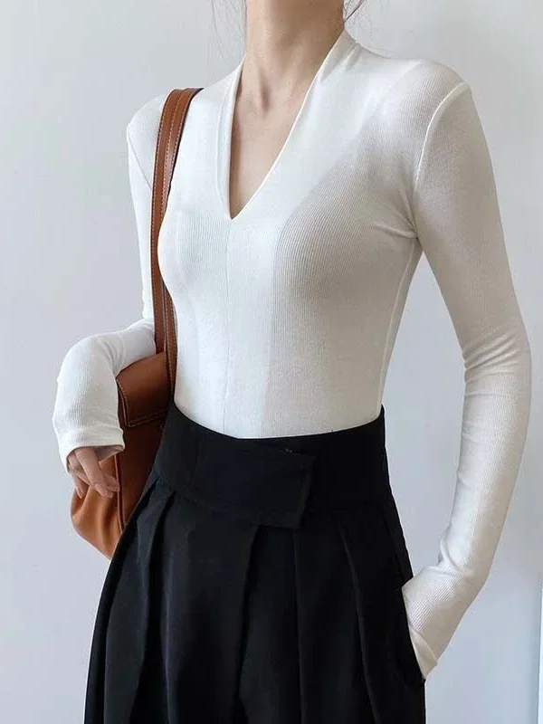 V-neck Slim Shirts Long Sleeve - Women'S Fashion 评论和价格