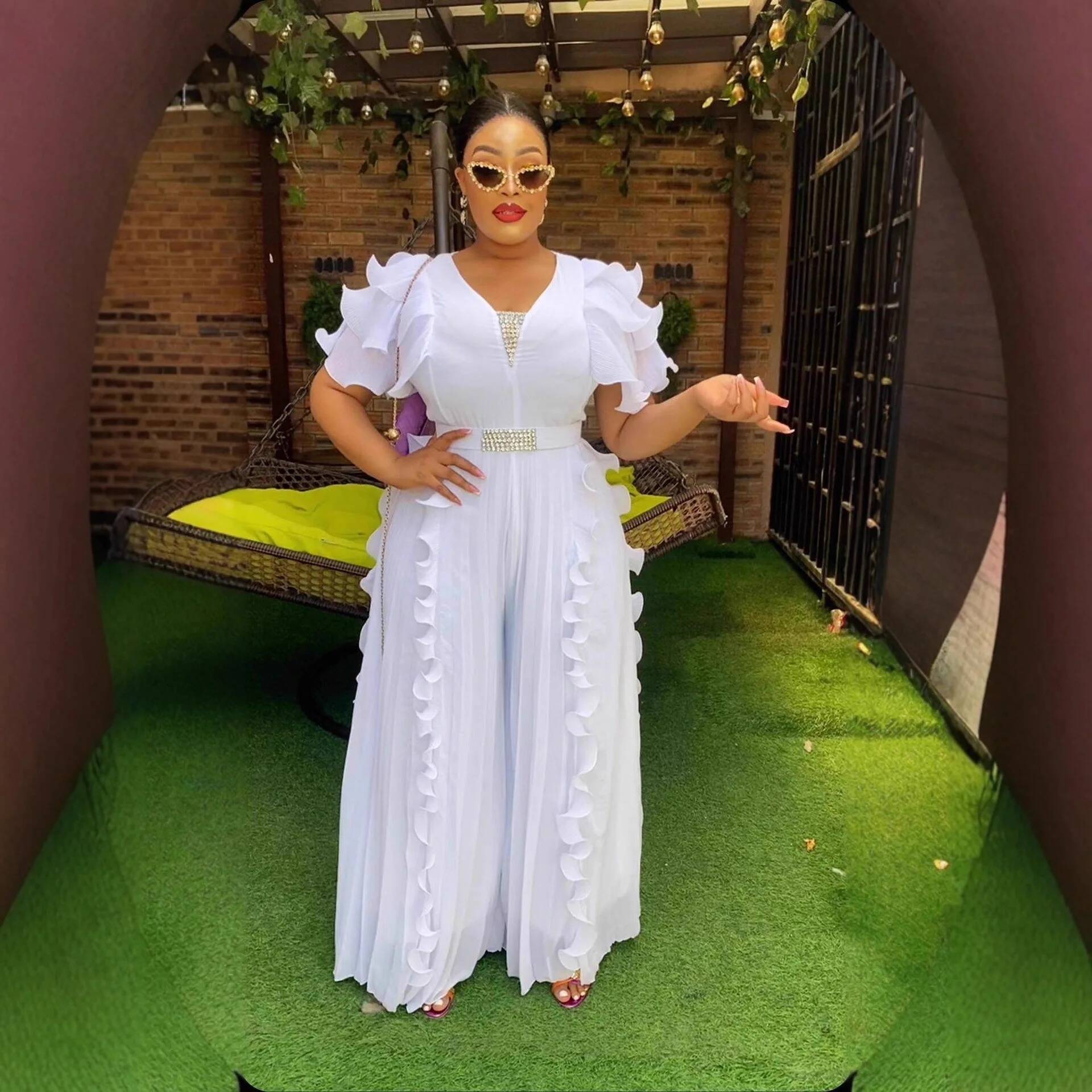 Plus Size Women's V-neck Ruffl - Wide Leg Palazzo Pants 评论和价格