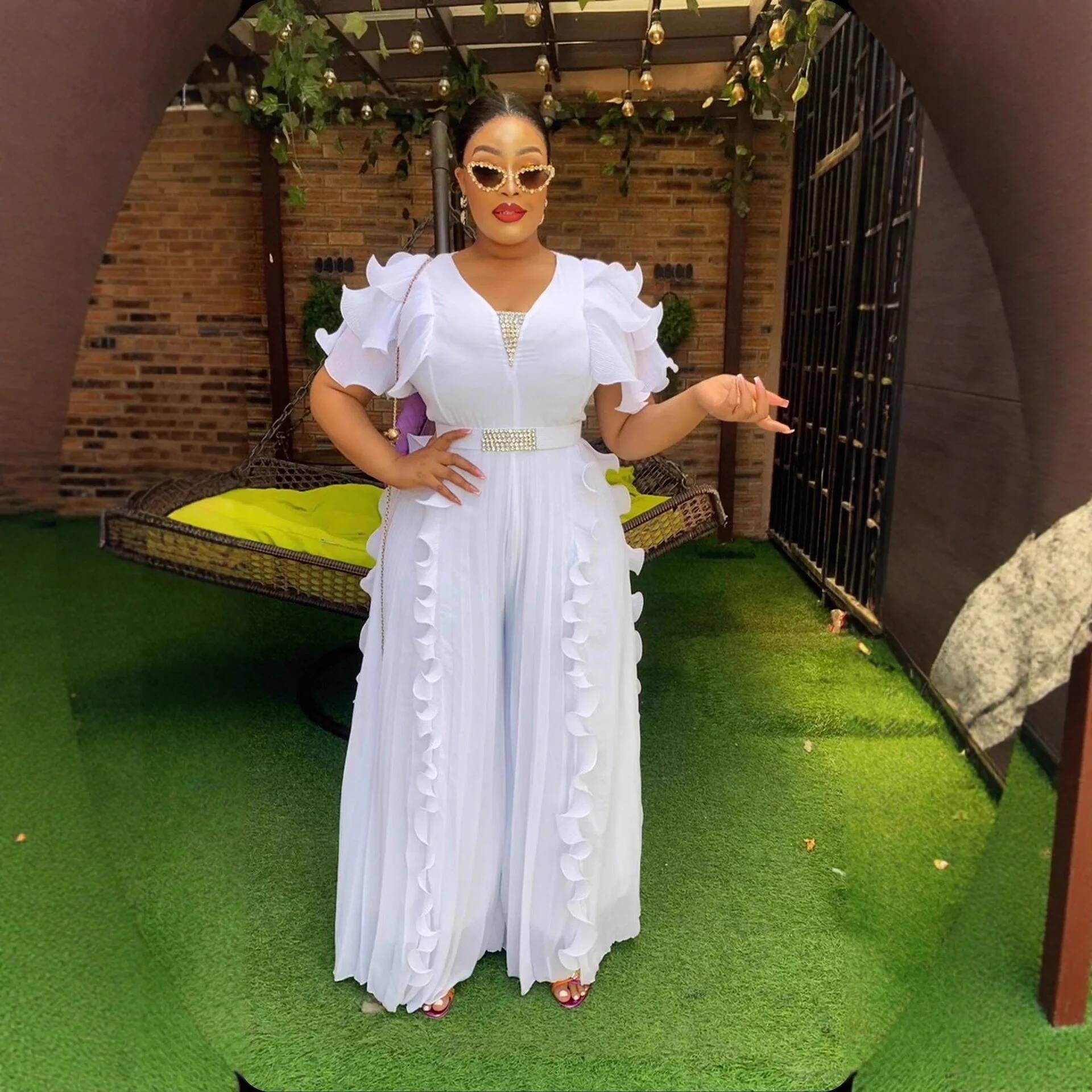Plus Size Women's V-neck Ruffl - Wide Leg Palazzo Pants 评论和价格