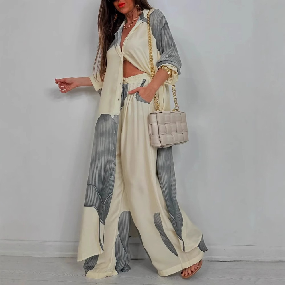 Elegant Lady Set Printed Long  - Wide Leg Palazzo Pants 评论和价格