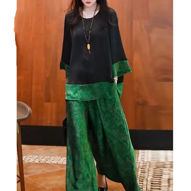 Summer Women Loose Satin Outfi - Wide Leg Palazzo Pants 评论和价格