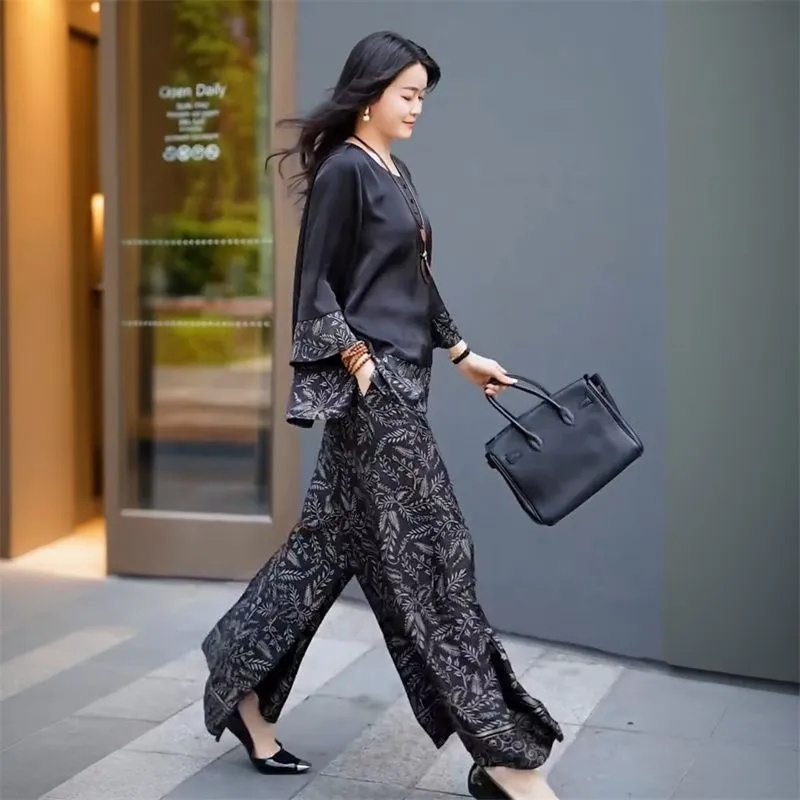 Summer Women Loose Satin Outfi - Wide Leg Palazzo Pants 评论和价格