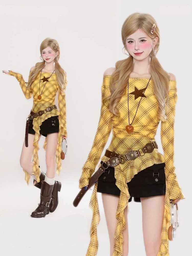 Y2K Plaid Slash Neck Vintage T - Women'S Fashion 评论和价格