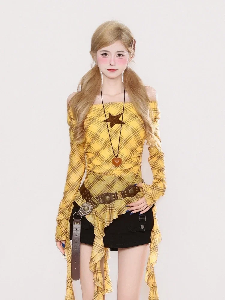 Y2K Plaid Slash Neck Vintage T - Women'S Fashion 评论和价格