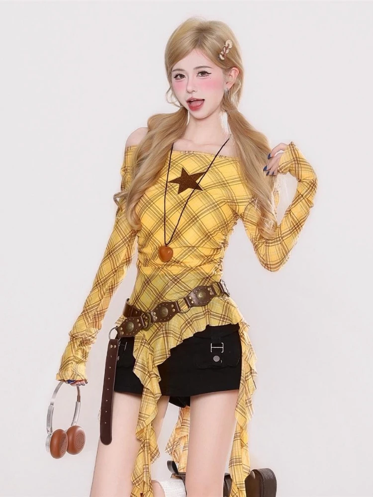Y2K Plaid Slash Neck Vintage T - Women'S Fashion 评论和价格