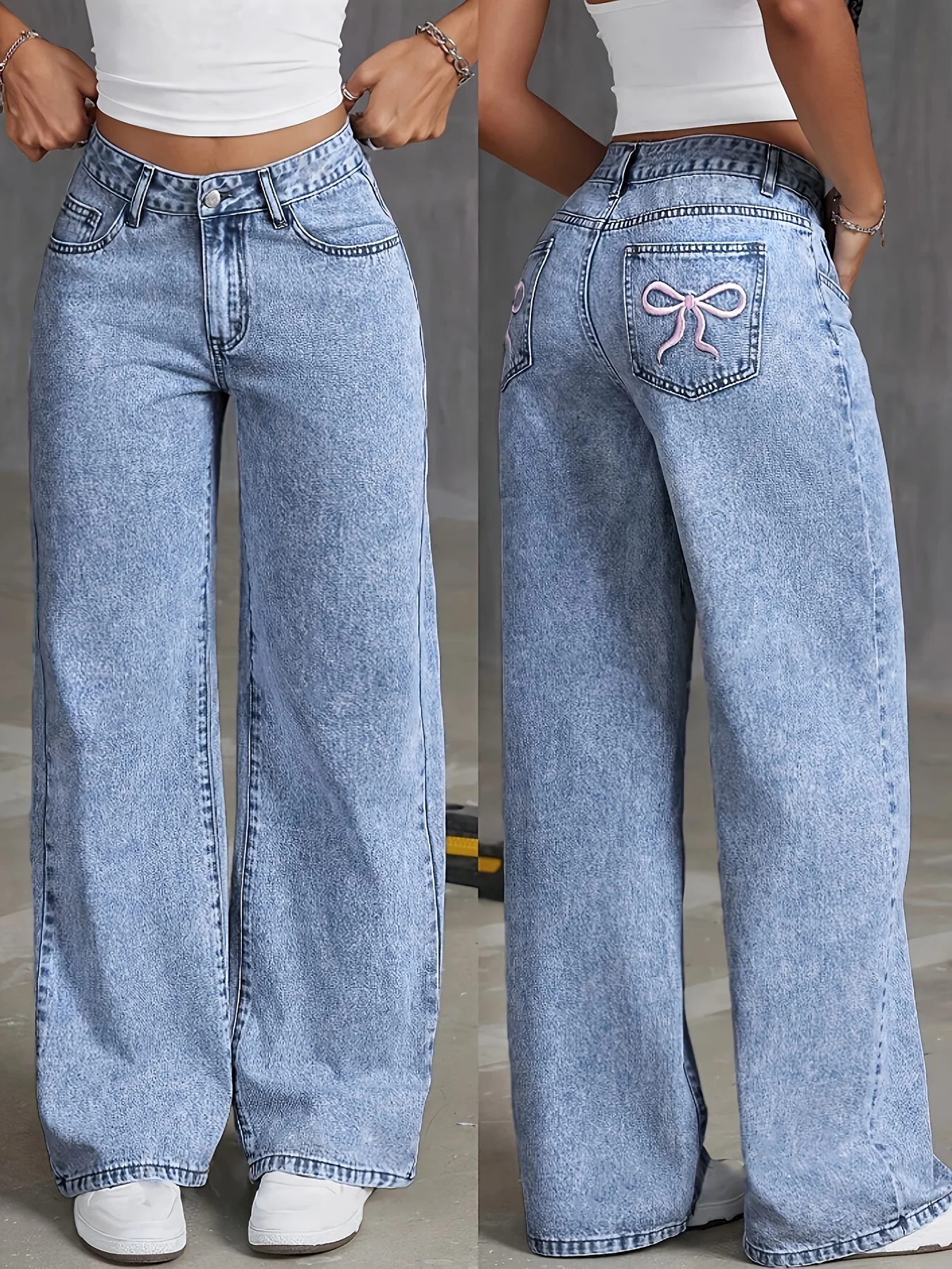 Women's Back Pocket Bow Embroi - Mom Jeans Women 评论和价格
