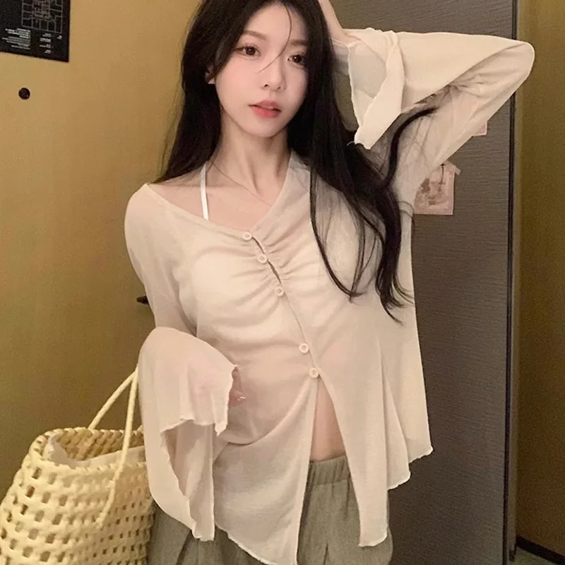 Sheer Flare Sleeve Blouse - Y2 - Women'S Fashion 评论和价格