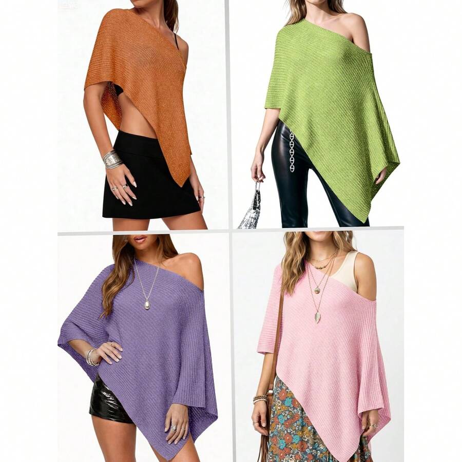 Off Shoulder Asymmetric Knit P - Women'S Fashion Poncho 评论和价格