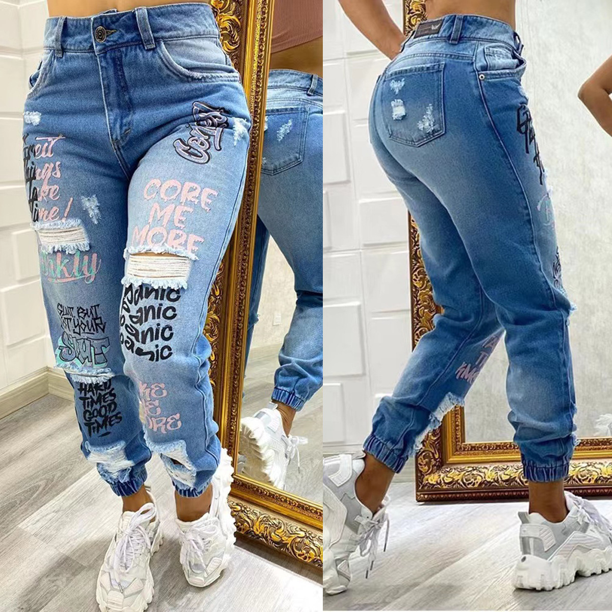 2024 New Letter Print Slant Po - Mom Jeans Women 评论和价格