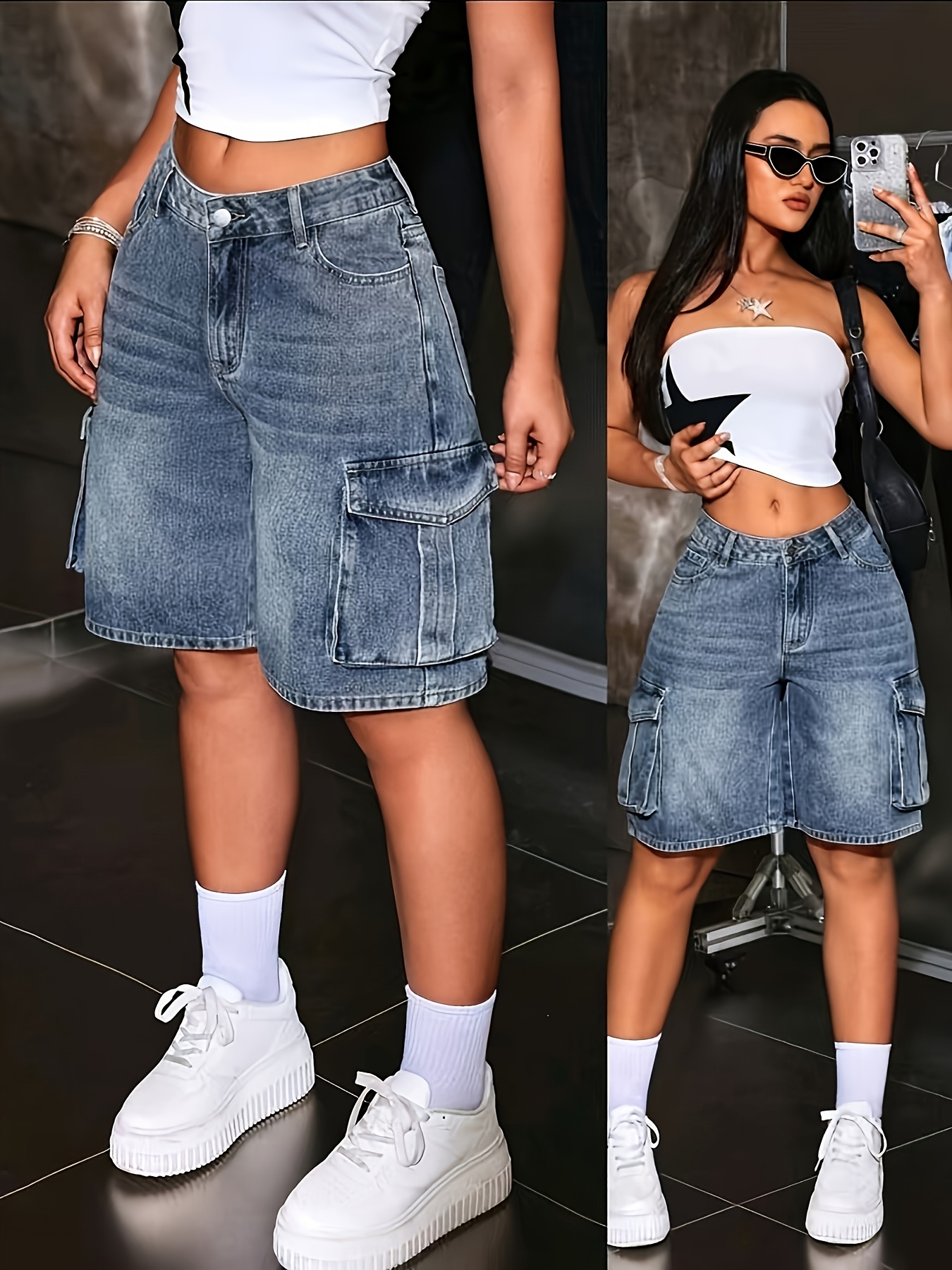 Women's Multi-Pocket Bermuda B - Mom Jeans Women 评论和价格